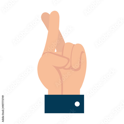 A vector illustration depicting a hand with the index and middle fingers crossed, with a dark blue sleeve and white button, symbolizing good luck
