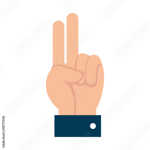 A vector illustration depicting a hand displaying the peace or victory sign, with two fingers extended, featuring a dark blue sleeve and white button