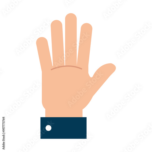 A vector illustration depicting an open hand showing all five fingers, with a dark blue sleeve and white button, representing a greeting