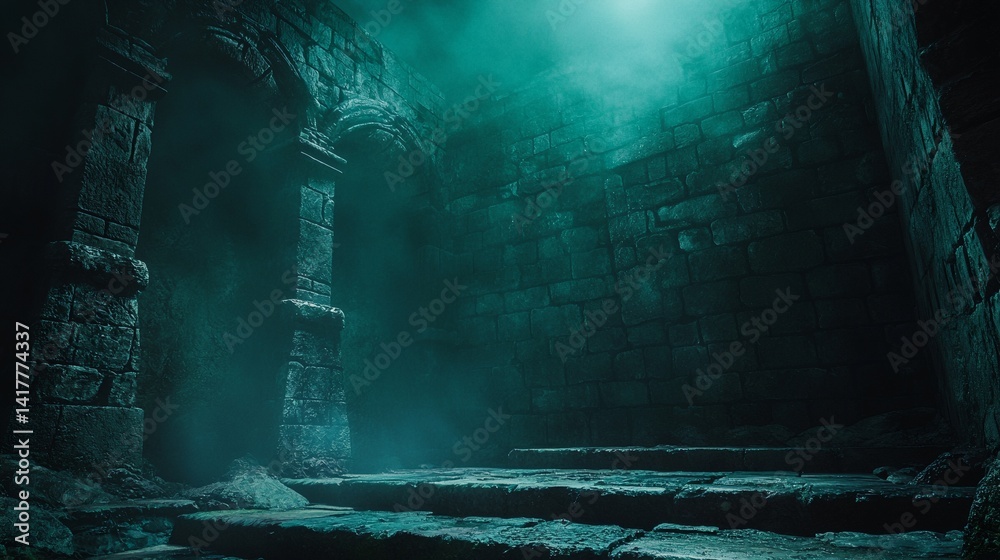 A dark, gloomy, and mysterious cave with a stone archway