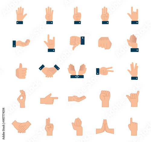 Vector Illustration Collection of Twenty-Four Hand Gesture Icons, Showing Various Positions and Meanings, Wearing Formal Cuffs on Wrists.