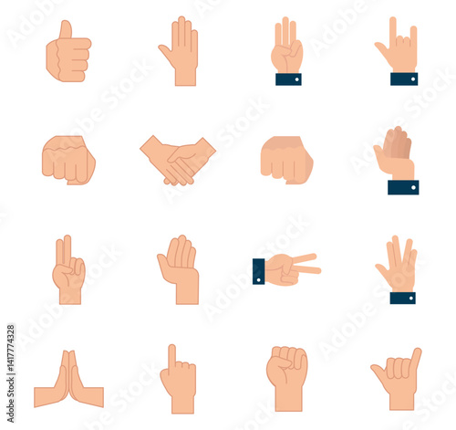 Vector Illustration Collection of Sixteen Hand Gesture Icons, Showing Different Positions and Meanings, Wearing Formal Cuffs on Wrists.