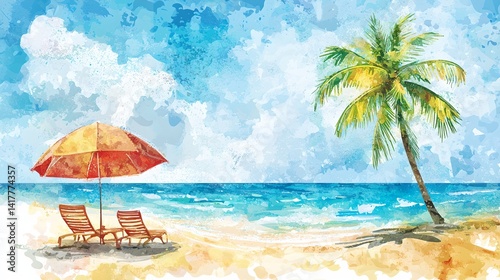 A beach scene with a red umbrella and two lounge chairs