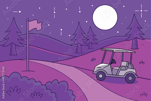 65 Night golf course, full moon, starry sky, cartoon style, vibrant colors, golf cart, flag pole, rolling hills, pine trees, glowing fireflies, purple path, tranquil landscape, fantasy atmosphere, dig