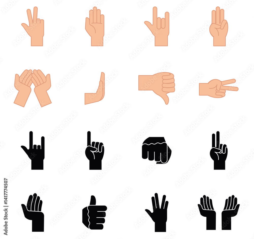 Fototapeta premium Vector Illustration Set of Sixteen Hand Gesture Icons, Showing Different Positions and Meanings in Both Color and Silhouette Styles.