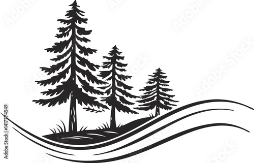 Black and White Line Drawing of Coniferous Trees with Flowing Water Line, Minimal Nature Illustration