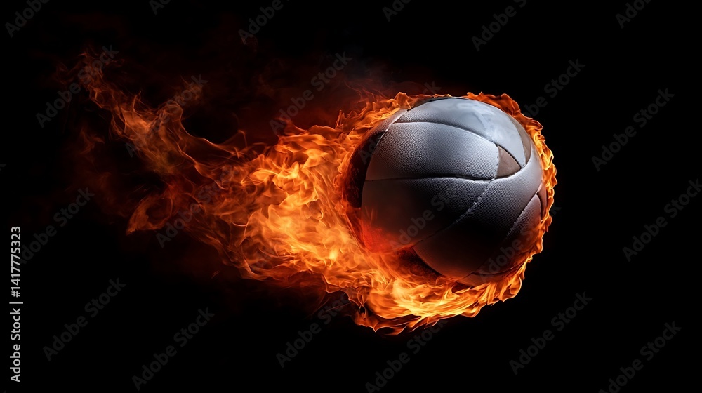 Naklejka premium Fiery volleyball in motion against a dark background.
