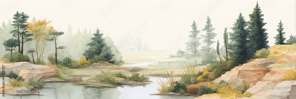 A painting of a forest with a river running through it
