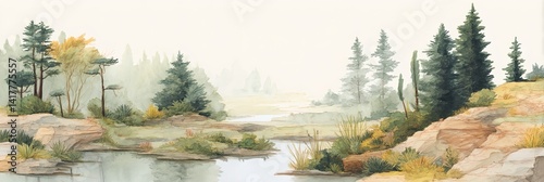 A painting of a forest with a river running through it