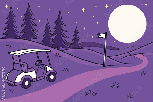 65 Night golf course, full moon, starry sky, cartoon style, vibrant colors, golf cart, flag pole, rolling hills, pine trees, glowing fireflies, purple path, tranquil landscape, fantasy atmosphere, dig