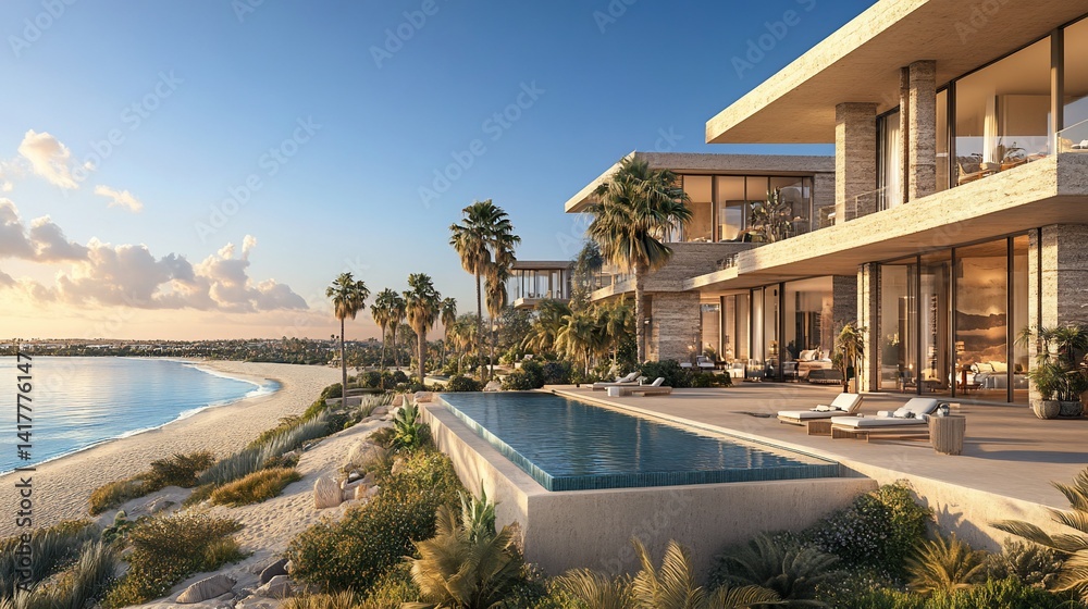 Fototapeta premium Coastal Villa Overlooking Ocean Luxury Home near Beach at Sunset