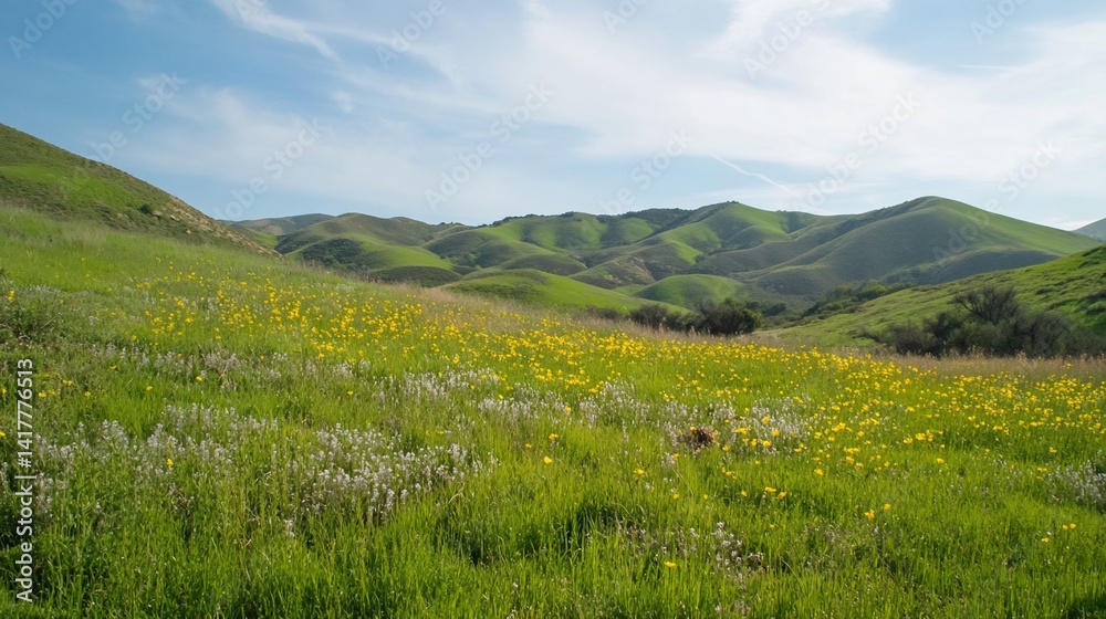 Fototapeta premium Rolling Hills Covered in Spring Wildflowers Under a Serene Sky Vista