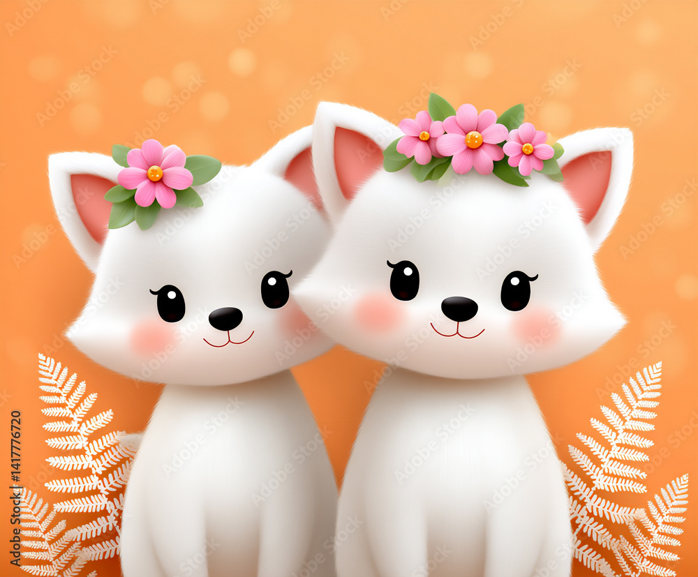 Naklejka premium baby foxes floral ears cute wallpaper