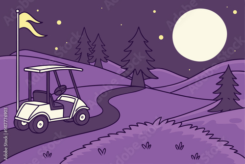 65 Night golf course, full moon, starry sky, cartoon style, vibrant colors, golf cart, flag pole, rolling hills, pine trees, glowing fireflies, purple path, tranquil landscape, fantasy atmosphere, dig