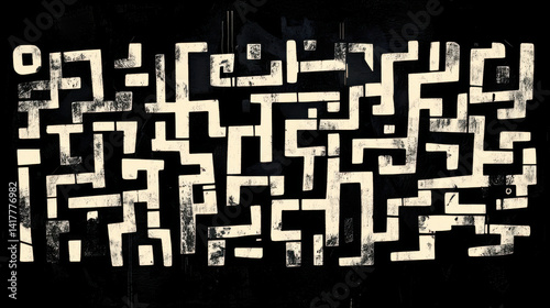 Abstract Black And White Grungy Maze Pattern Background
