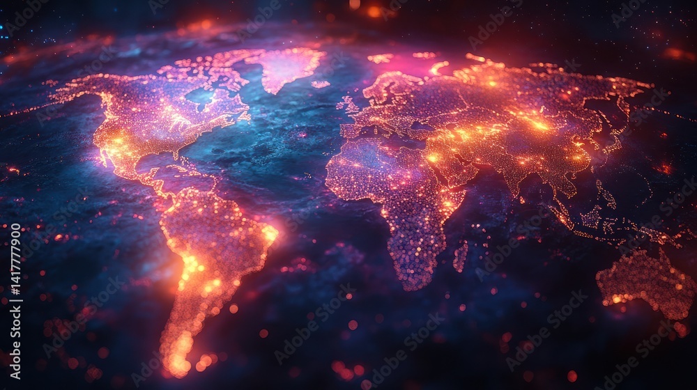 Glowing world map, digital, network, global. Glowing world map, digital, network, global.