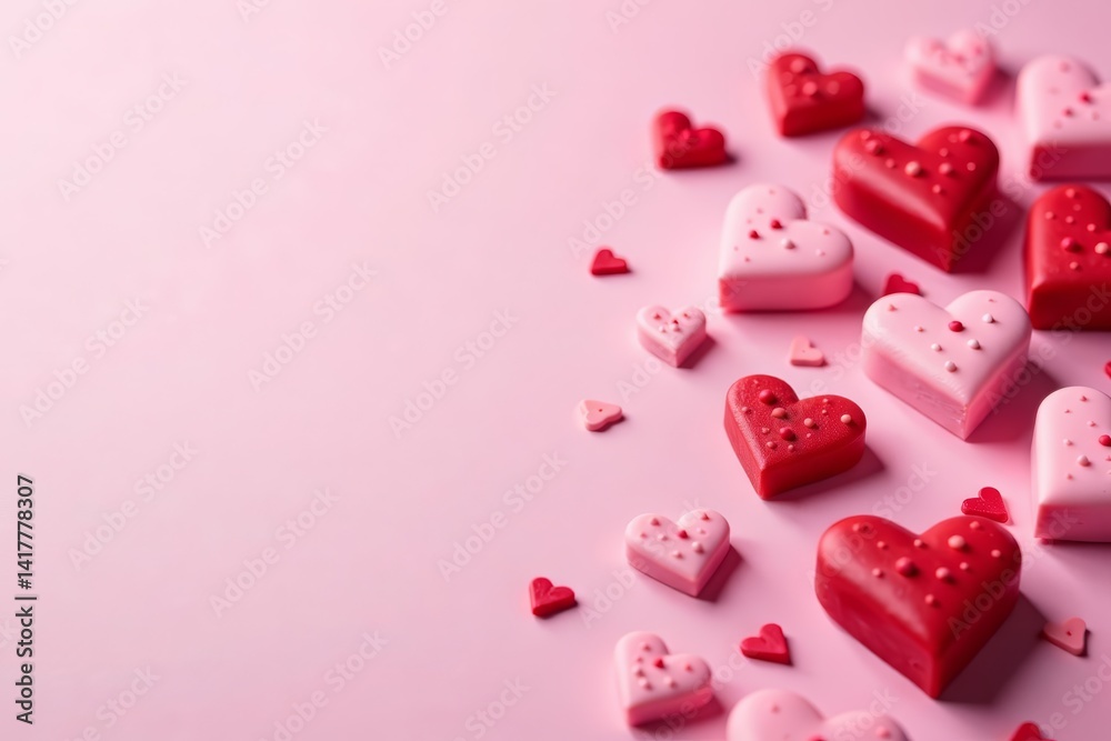 Close up of pink and red heart toppings on pastel surface, festive, passion Close up of pink and red heart toppings on pastel surface, festive, passion