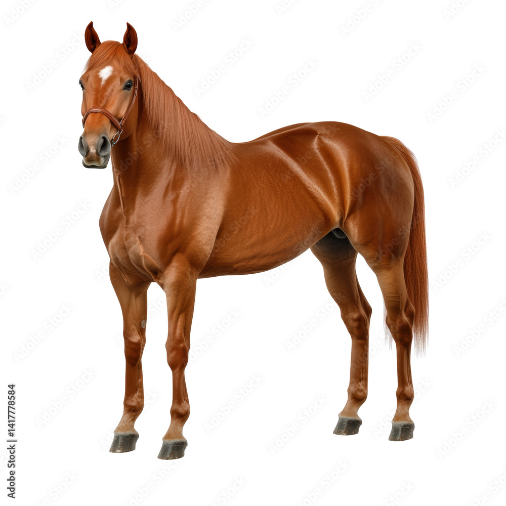 Obraz premium Full Body Portrait of a Healthy Brown Horse Standing on a White Background Showing Its Muscular Body, Erect Ears, and Calm Expression with Detailed Fur Texture