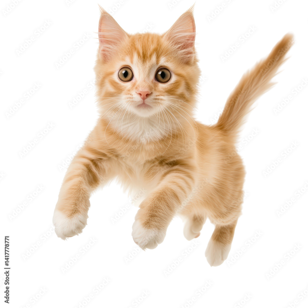 Obraz premium Cute playful orange tabby kitten with big eyes and fluffy tail jumping isolated on white background in vibrant energetic pose