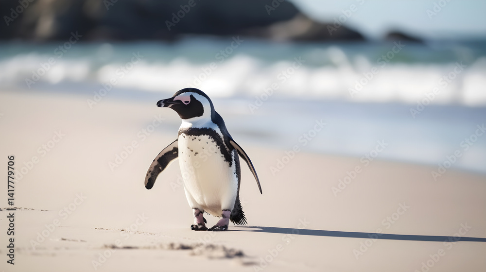 Fototapeta premium A lone penguin walking on a sandy beach with waves in the background.