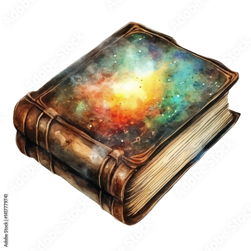 illustration of Old Leather-bound Grimoire With A Glowing Aura, watercolor vector, isolated on a white background.