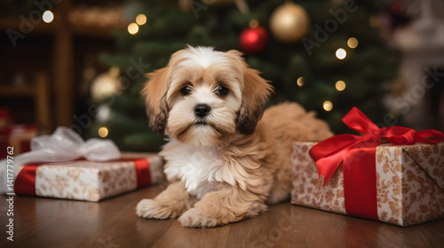 A small, brown and white dog with a red bow sitting in front of a Christmas tree with ornaments and lights.