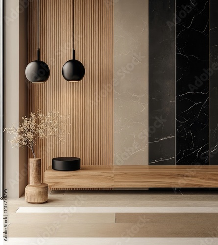 Modern interior design, wooden wall panels, pendant lights, minimalist style, zen aesthetic