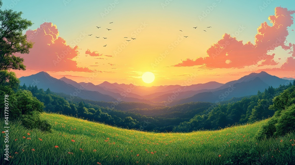 Obraz premium Serene sunset over rolling hills with vibrant flowers and distant mountains under a colorful sky