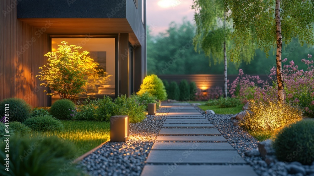 Fototapeta premium Modern home exterior walkway at dusk, illuminated landscaping