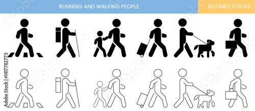 Running and walking people icons, people symbol, stand, walk, run, travel, crosswalk, with dog, child icon set, stroke, customizable
