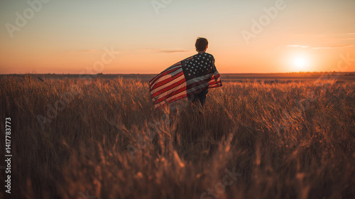 American Flag and Wheat Field: A person stands proudly, wrapped in the stars and stripes, silhouetted against a golden sunset over a field of wheat, evoking a sense of freedom and patriotism.