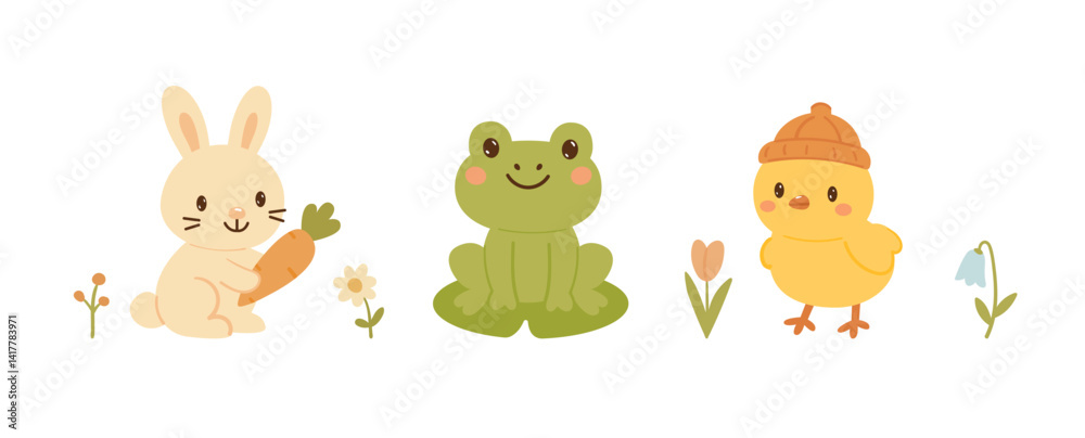 Fototapeta premium Spring cute collection of baby animals. Perfect for poster, card, scrapbooking , tag, invitation, sticker kit. Hand drawn vector illustration.