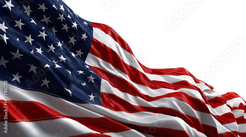 American Flag in the Wind: The iconic American flag, a symbol of liberty and justice, billows dramatically in the wind, its stars and stripes a vibrant display of patriotism and national pride. 