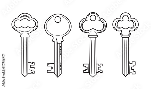 Hand sketched vintage key set element outline coloring page design featuring retro lock drawings black and white art for adult coloring and illustration
