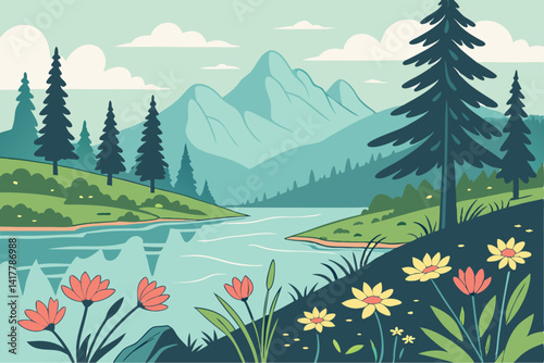 66 Serene mountain lake, vibrant colorful flowers, lush green forest, calm blue water reflection, cartoon style illustration, bright color palette, peaceful nature scene, fluffy white clouds, distant 