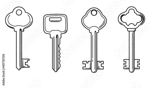Vintage key set element outline coloring page illustration hand drawn antique lock design perfect for adult coloring activity retro access symbol line art for creative artwork
