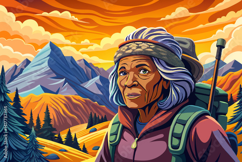 Old Black Woman solo vector traveling backpacker hiking in mountains at sunset time active healthy lifestyle adventure journey vacations