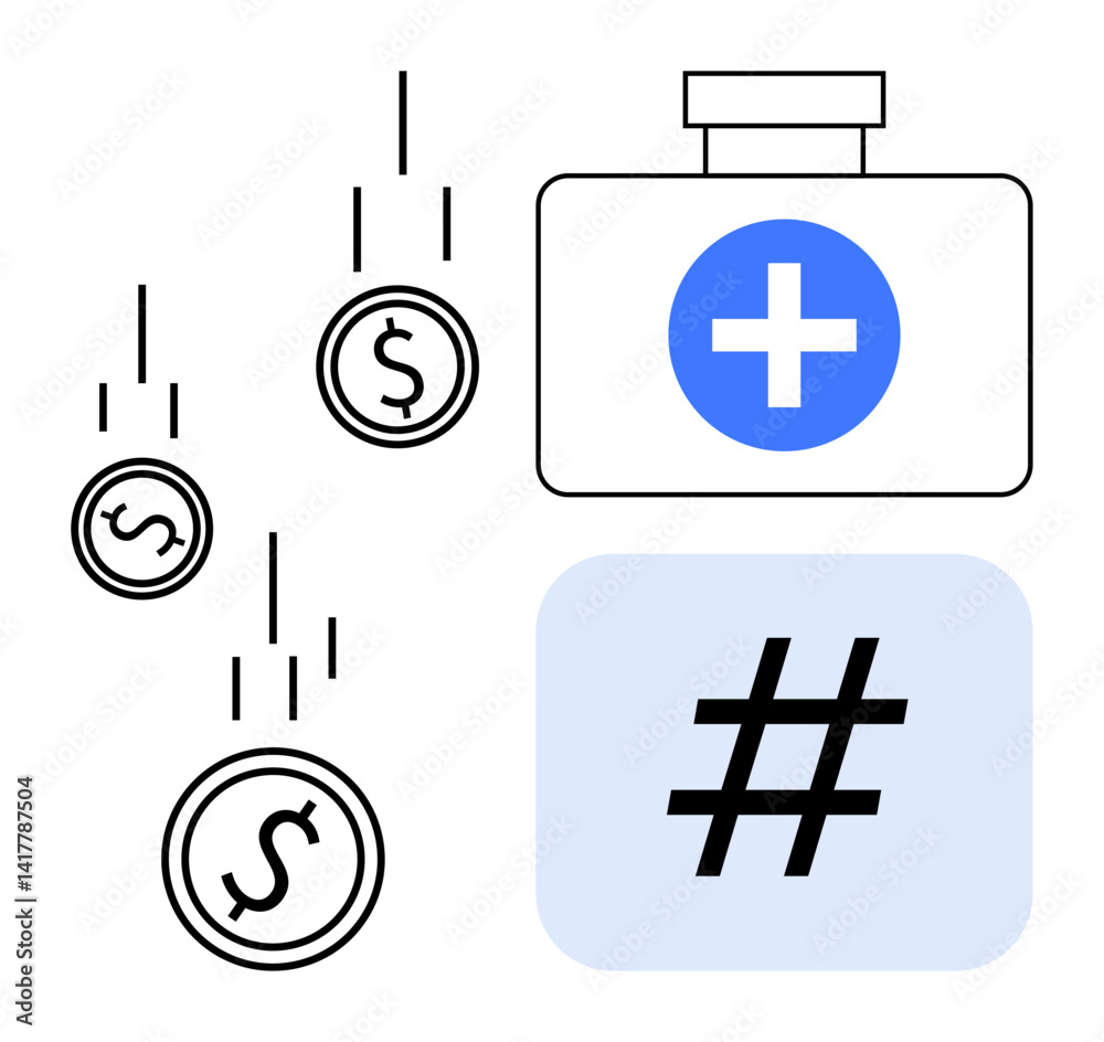 Fototapeta premium Coins with dollar sign falling, blue medical kit with cross, and metadata tag symbol. Ideal for finance, healthcare, crowdfunding, medical expenses, charity, social media and simple landing page