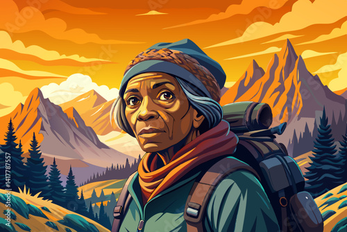 Old Black Woman solo vector traveling backpacker hiking in mountains at sunset time active healthy lifestyle adventure journey vacations