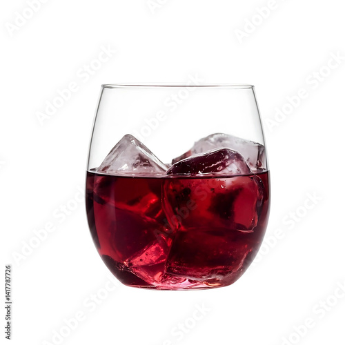 A red wine pouring into glass ice caves isolated on white background 