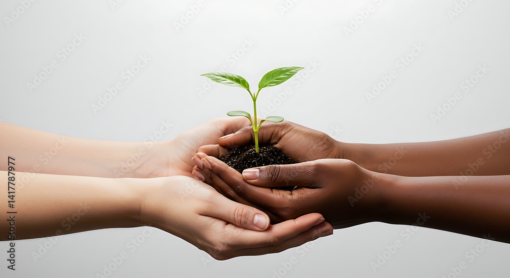 Sprout in Diverse Hands: Nurturing Growth Together on Clean White Background, Embodying Hope and Unity in a Minimalist Style, Concept for Eco-Consciousness and Sustainable Future Sprout in Diverse Hands: Nurturing Growth Together on Clean White Background, Embodying Hope and Unity in a Minimalist Style, Concept for Eco-Consciousness and Sustainable Future