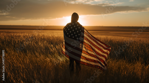 Patriotic Sunset: A person stands silhouetted against a vibrant sunset, draped in an American flag in a vast golden wheat field.  