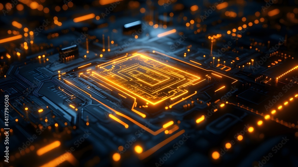 High-tech computer circuit board with highlighted central processor. High-tech computer circuit board with highlighted central processor.