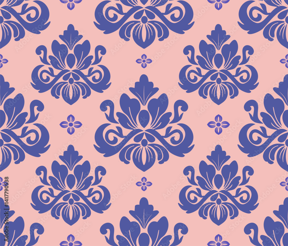 Damask seamless pattern with blue flowers and old rose background, vintage design, vector illustration elegant for textile design, wall paper, bedding, curtains, cushion cover, upholstery fabric, rug Damask seamless pattern with blue flowers and old rose background, vintage design, vector illustration elegant for textile design, wall paper, bedding, curtains, cushion cover, upholstery fabric, rug