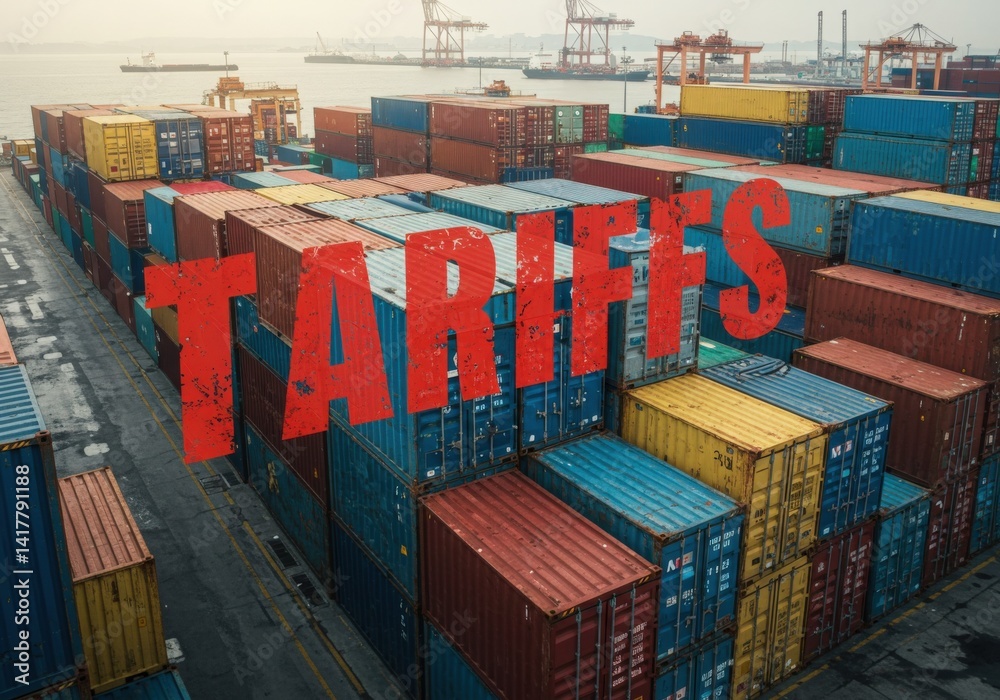 Fototapeta premium Tariffs Text Over Shipping Containers Port Scene