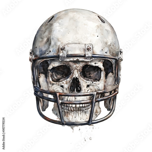 Skull Head Wearing Football Helmet Isolated Hand Drawn Watercolor Painting Illustration
