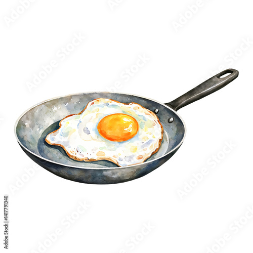 Sunny Side Up Egg on Fry Pan Isolated Hand Drawn Watercolor Painting Illustration