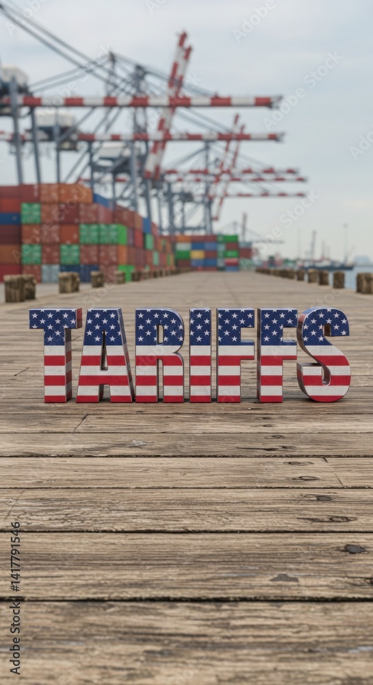 Fototapeta premium USA American Flag Tariffs Text Port Background