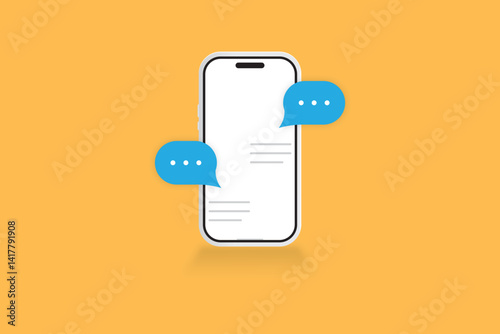 Isometric smartphone with two blue chat bubbles on orange background in flat style