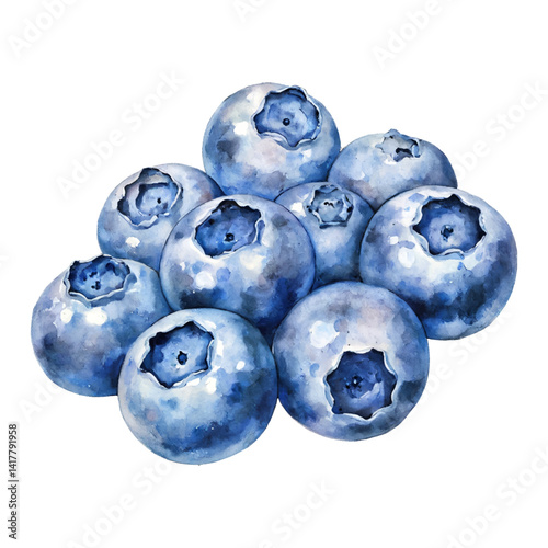 Pile of Fresh Blueberries Isolated Hand Drawn Watercolor Painting Illustration Ripe Blueberry